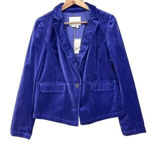 By Anthropologie Blue Velvet Blazer Women XLarge Chic Preppy Dopamine Monochrome